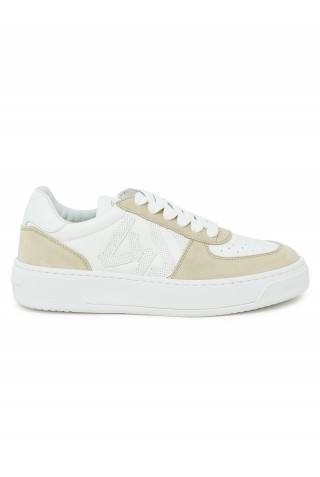STUART WEITZMAN SH308 WHITE AND BEIGE CALF LEATHER COURTSIDE MONOGRAM SNEAKER