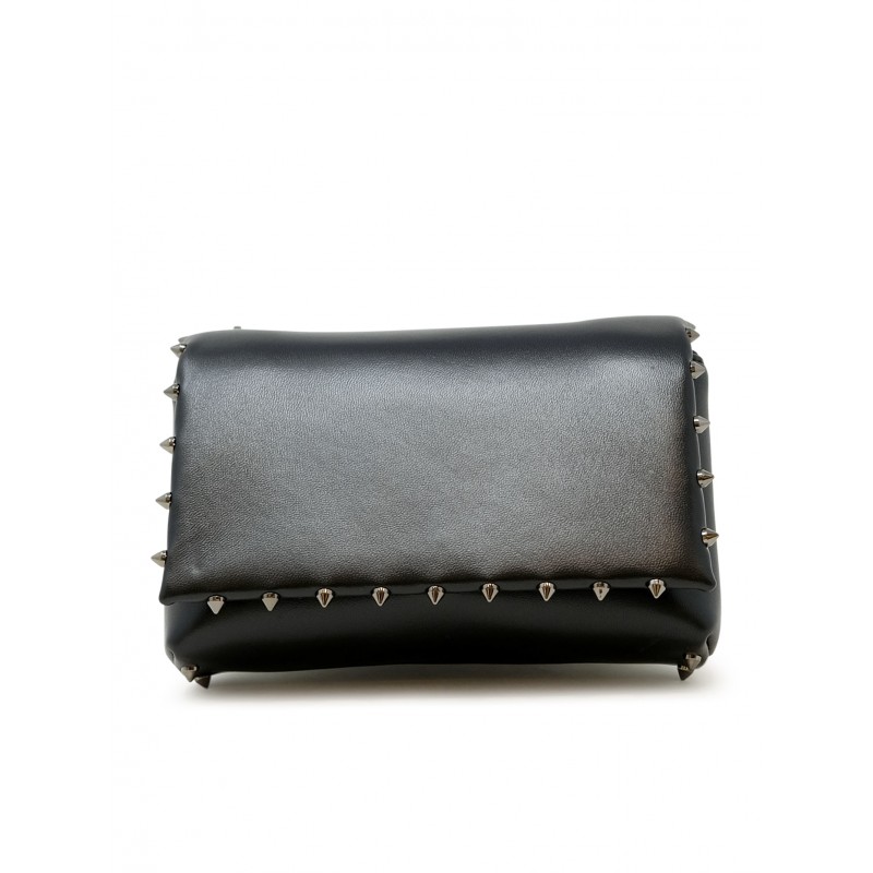 CHRISTIAN LOUBOUTIN 1255070 B078 BLACK SOFT NAPPA LEATHER SPIKY POUCH BAG