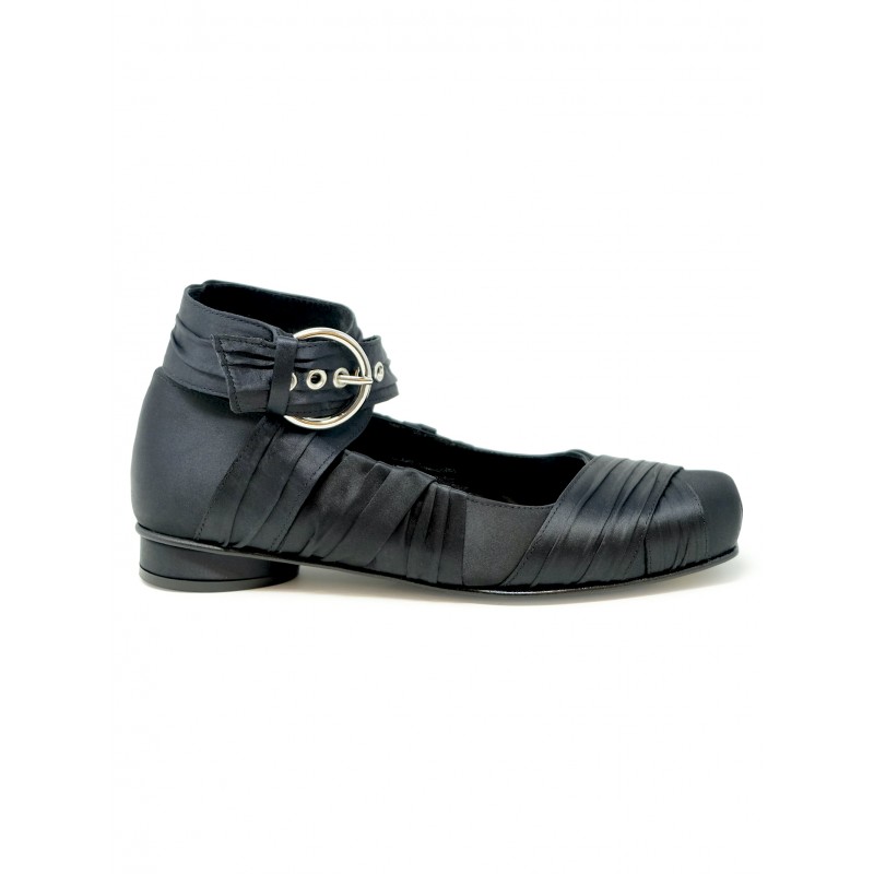 ALOHAS S100750-01 BLACK SILK VOLANT BALLET FLAT SHOES