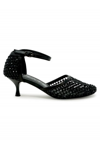 ELENA IACHI R15 BLACK LEATHER/GLITTER SANDALS