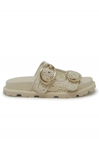 STUART WEITZMAN SK758 IVORY LACE BENNI SPORT SLIDE SANDALS