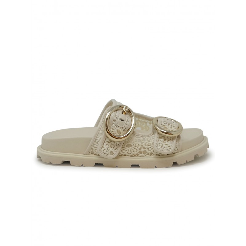 STUART WEITZMAN SK758 IVORY LACE BENNI SPORT SLIDE SANDALS