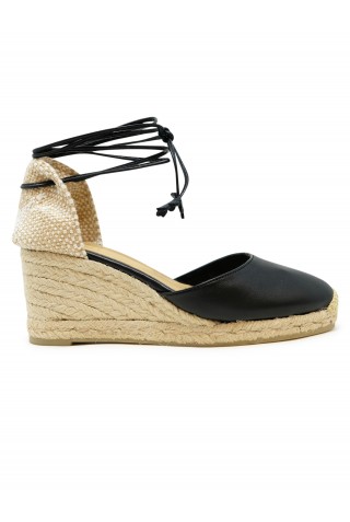 CASTANER 026078-100 BLACK LEATHER CARINA WEDGE SANDALS