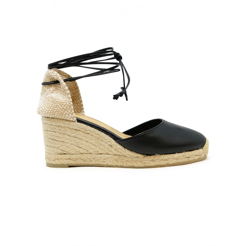 CASTANER 026078-100 BLACK LEATHER CARINA WEDGE SANDALS
