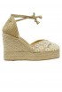 CASTANER 026166-4078 GOLD TULLE CLAIR WEDGE SANDALS WITH ROSES