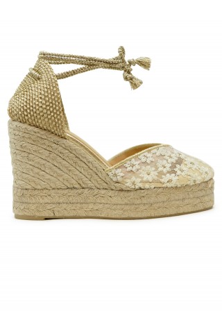 CASTANER 026166-4078 GOLD TULLE CLAIR WEDGE SANDALS WITH ROSES