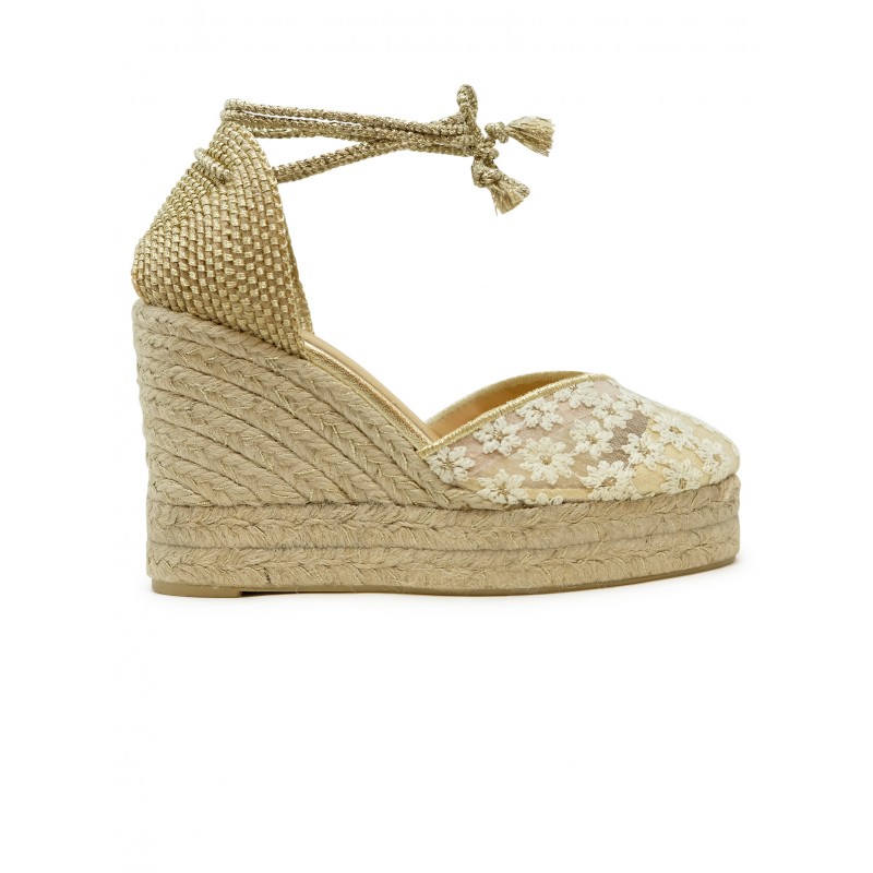CASTANER 026166-4078 GOLD TULLE CLAIR WEDGE SANDALS WITH ROSES