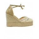 CASTANER 026166-4078 GOLD TULLE CLAIR WEDGE SANDALS WITH ROSES