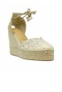 CASTANER 026166-4078 GOLD TULLE CLAIR WEDGE SANDALS WITH ROSES
