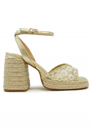 CASTANER 026168-4078 GOLD TULLE AND RAFFIA VALS WEDGE SANDALS