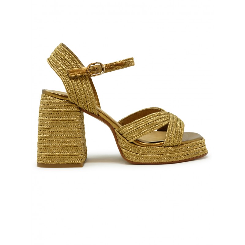 CASTANER 023116-3006 GOLD RAFFIA VALLE WEDGE SANDALS