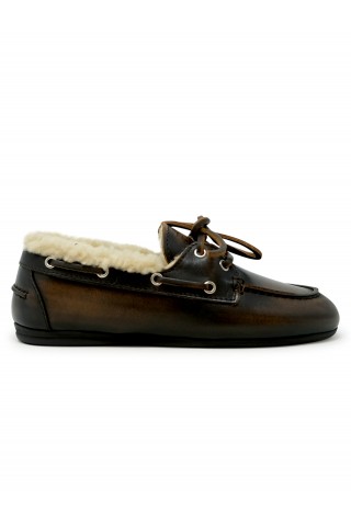 POSA COFFEE BRUSHED LEATHER BOAT LOAFER WITH FUR