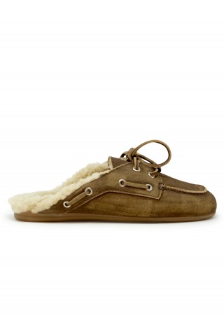 POSA BROWN SUEDE BOAT LOAFER MULE WITH FUR